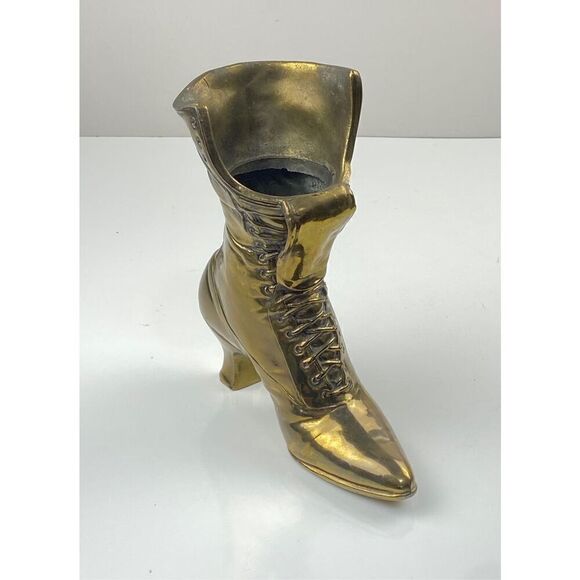 Vintage 9.5" Brass Lace Up Boot Ladies Shoe Planter Vase Doorstop Mid-Century EA - Picture 1 of 6